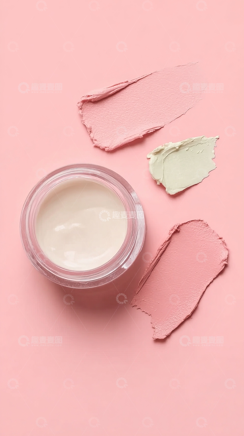 高清大图下载【趣麦麦图】粉色背景上的化妆品展示包含乳霜和色块