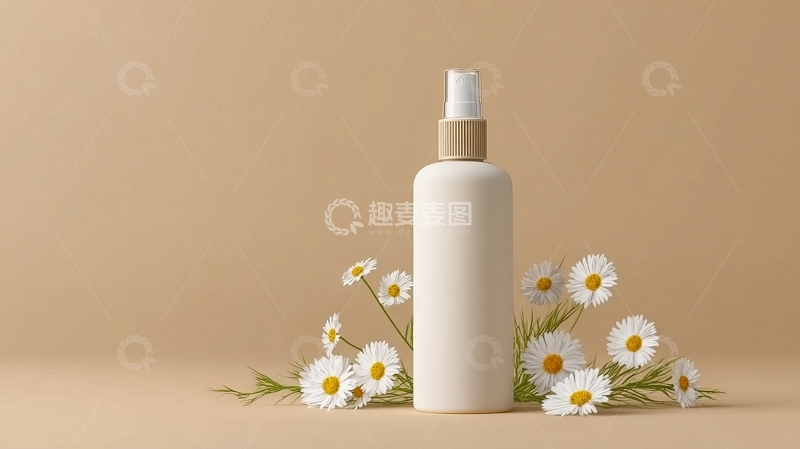 高清大图下载【趣麦麦图】米色背景上的白色喷雾瓶与雏菊装饰