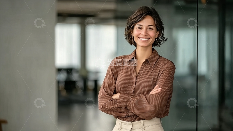 高清大图下载【趣麦麦图】办公室内自信微笑的女性双臂交叉站立