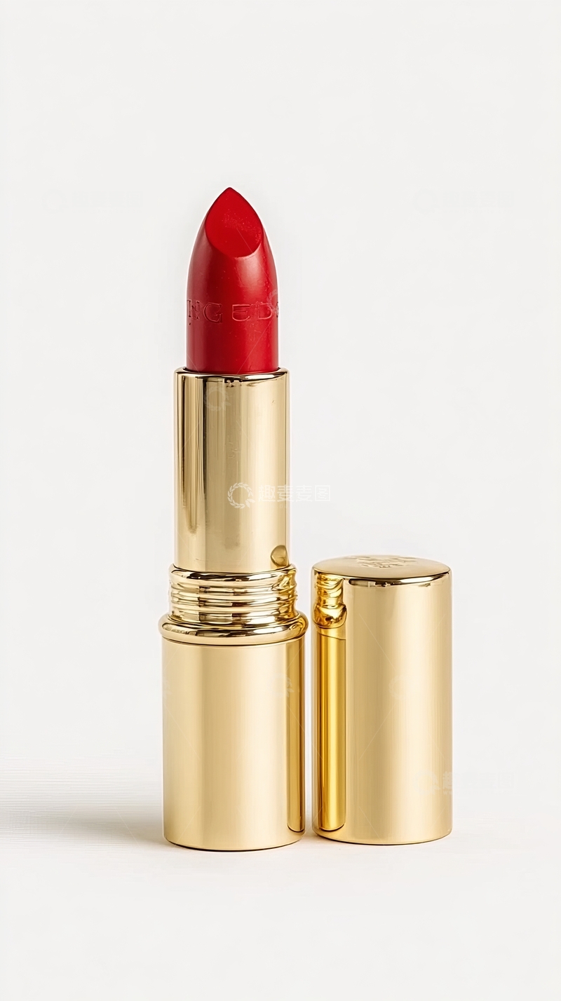 高清大图下载【趣麦麦图】金色外壳红色口红特写展示