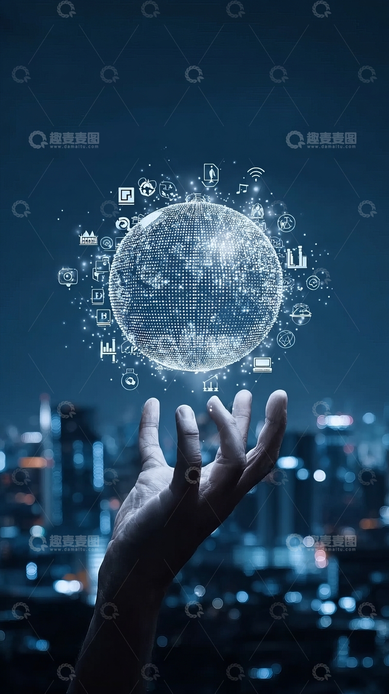 高清大图下载【趣麦麦图】手托发光球体城市夜景背景科技感十足