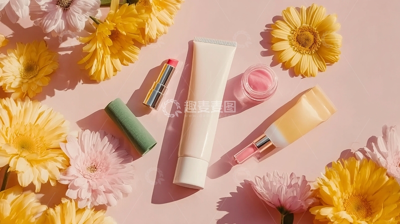 高清大图下载【趣麦麦图】化妆品与鲜花的静物拍摄展现自然美感