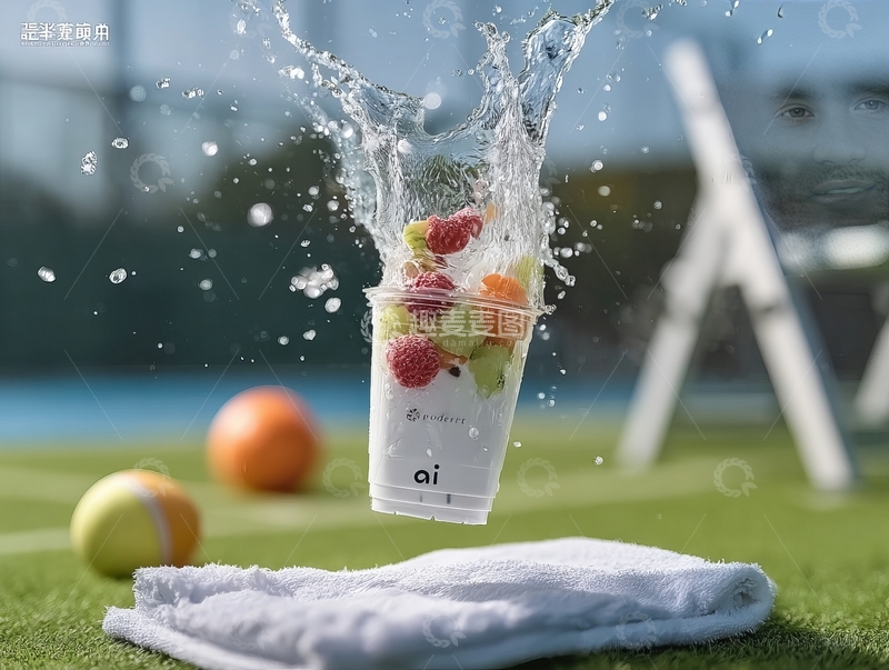 高清大图下载【趣麦麦图】水果杯飞溅水花置于运动场草地