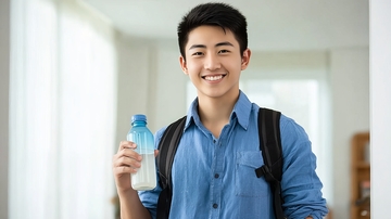 年轻男子手持水瓶面带微笑站立室内