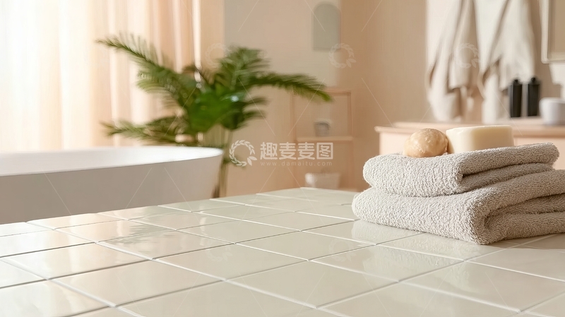 高清大图下载【趣麦麦图】现代浴室台面上叠放着毛巾和绿植