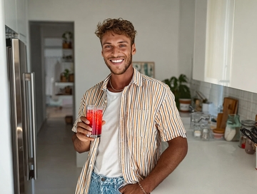 年轻男子在厨房手持饮品微笑