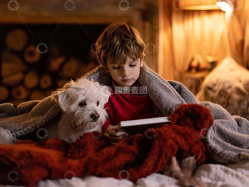 高清大图下载【趣麦麦图】男孩与小狗在温暖毯子下阅读