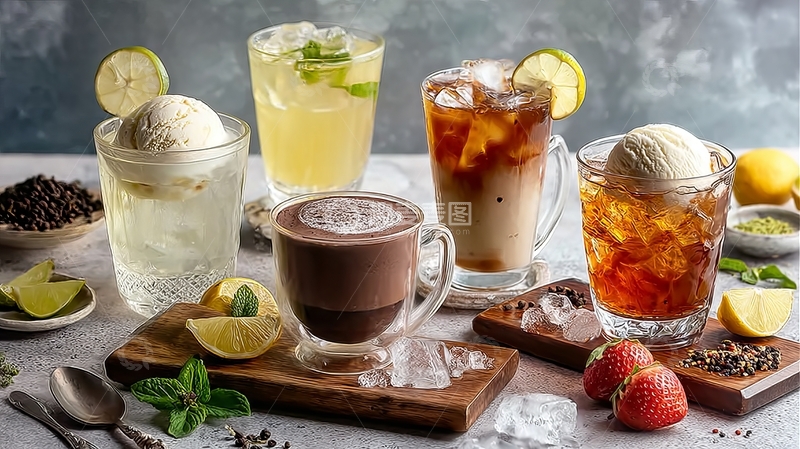 高清大图下载【趣麦麦图】多种饮品摆放在装饰有水果和香草的桌面上