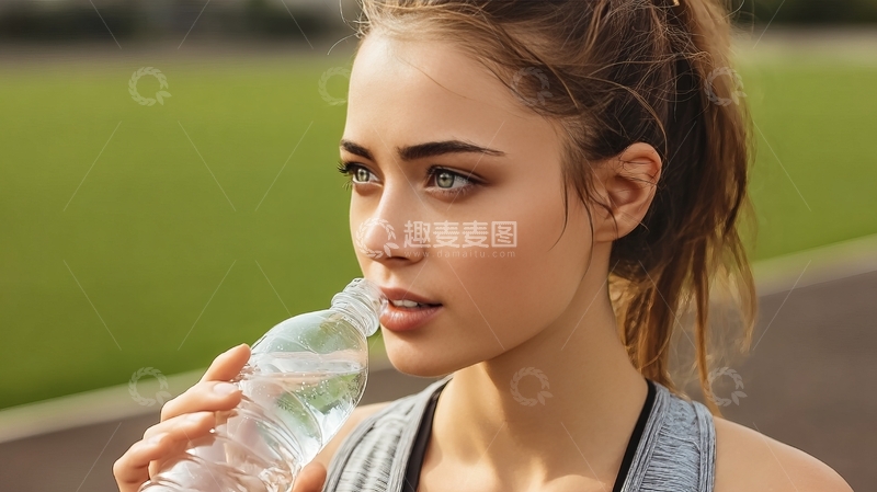 年轻女子户外运动后喝水补水