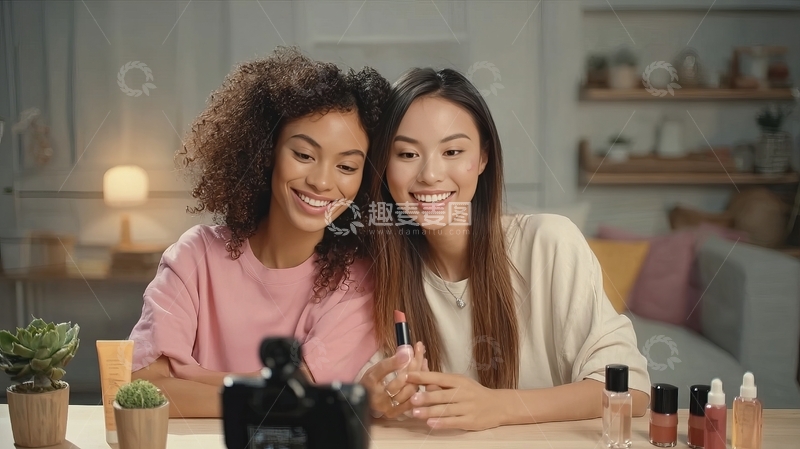 高清大图下载【趣麦麦图】两位女性在室内环境中展示美甲产品并微笑