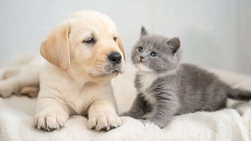 高清大图下载【趣麦麦图】小狗与小猫亲密依偎在柔软毯子上
