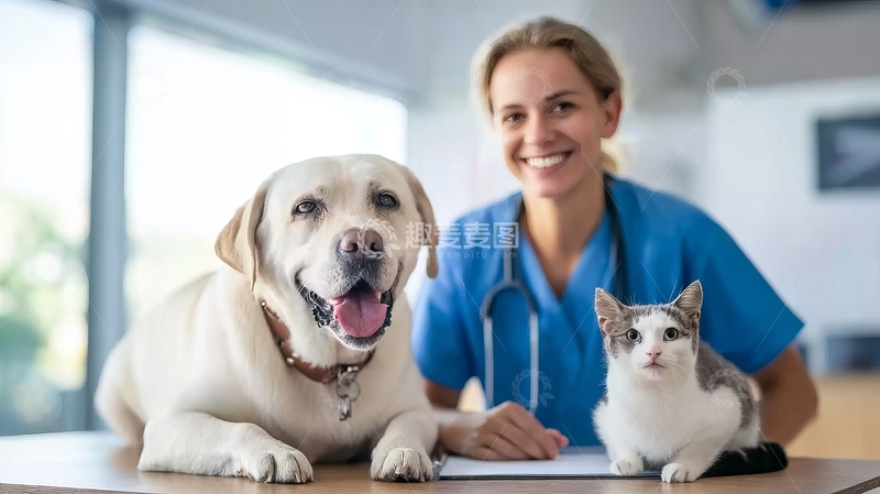 高清大图下载【趣麦麦图】兽医与宠物狗猫在诊所内合影微笑