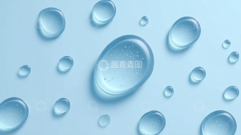 高清大图下载【趣麦麦图】蓝色背景下透明水滴的特写镜头