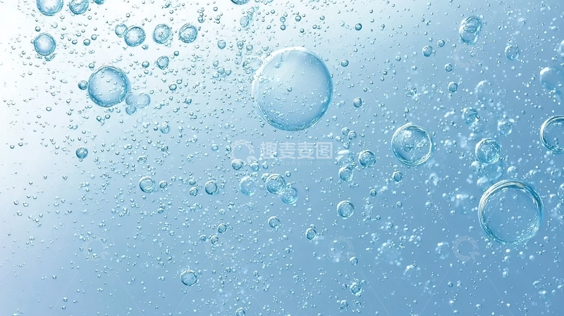 高清大图下载【趣麦麦图】蓝色液体中气泡上升的微观特写画面