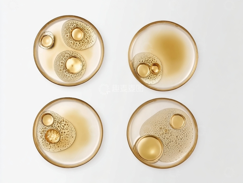 高清大图下载【趣麦麦图】四张俯拍图展示装有金色液体和气泡的透明容器