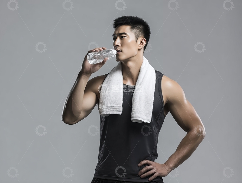 高清大图下载【趣麦麦图】健身男子喝水休息肩搭毛巾