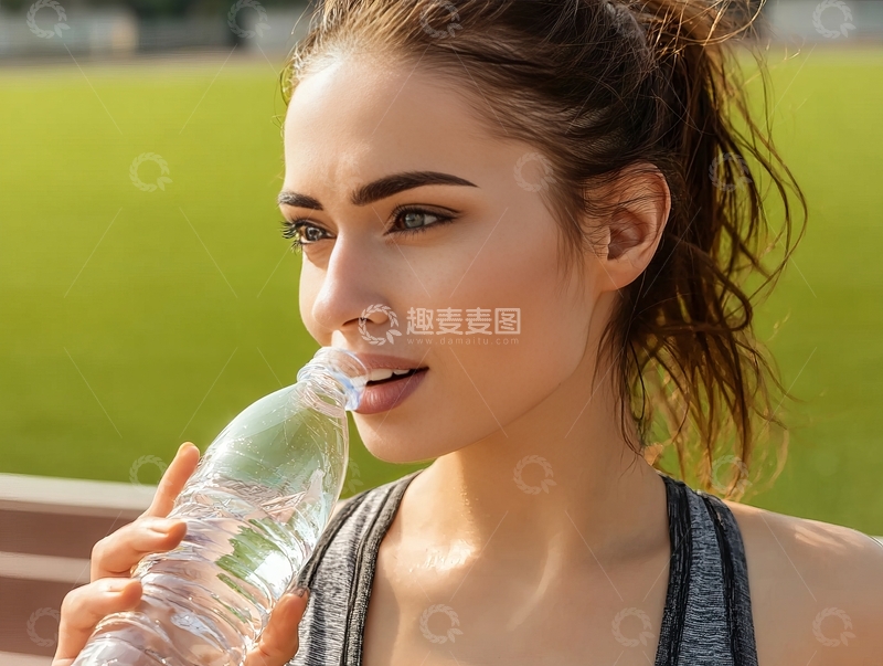 高清大图下载【趣麦麦图】运动后女性手持水瓶喝水补水
