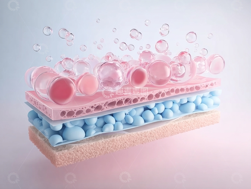 高清大图下载【趣麦麦图】多层结构中粉色与蓝色液体球体的微观视觉展示