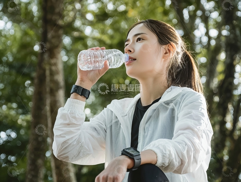 户外运动中女子饮用瓶装水