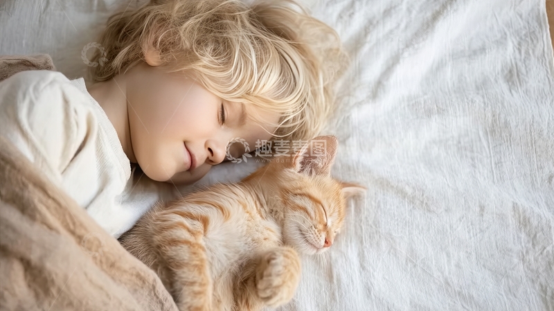 高清大图下载【趣麦麦图】金发小孩与橘猫亲密依偎安睡