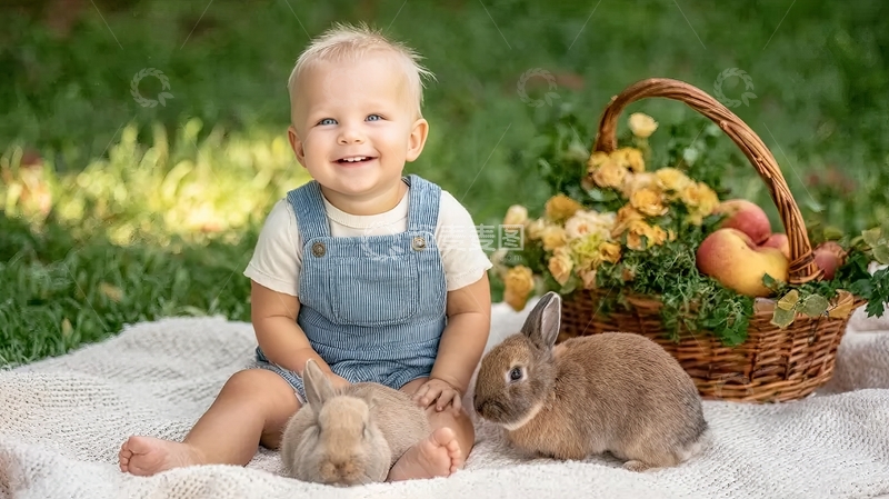 高清大图下载【趣麦麦图】微笑宝宝与两只兔子在篮子旁的户外场景