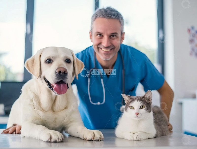高清大图下载【趣麦麦图】兽医与宠物狗猫在诊所内合影微笑