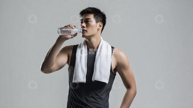 高清大图下载【趣麦麦图】健身男子灰色背景前喝水休息