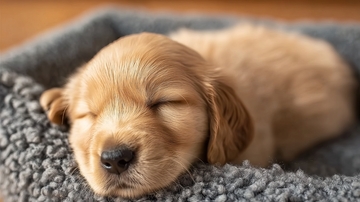 金毛幼犬在灰色毯子上安睡