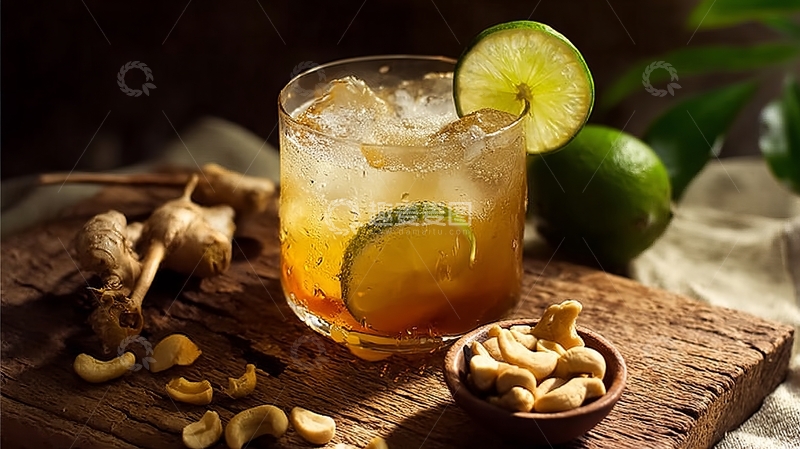 高清大图下载【趣麦麦图】一杯加冰柠檬姜茶搭配坚果和新鲜柠檬