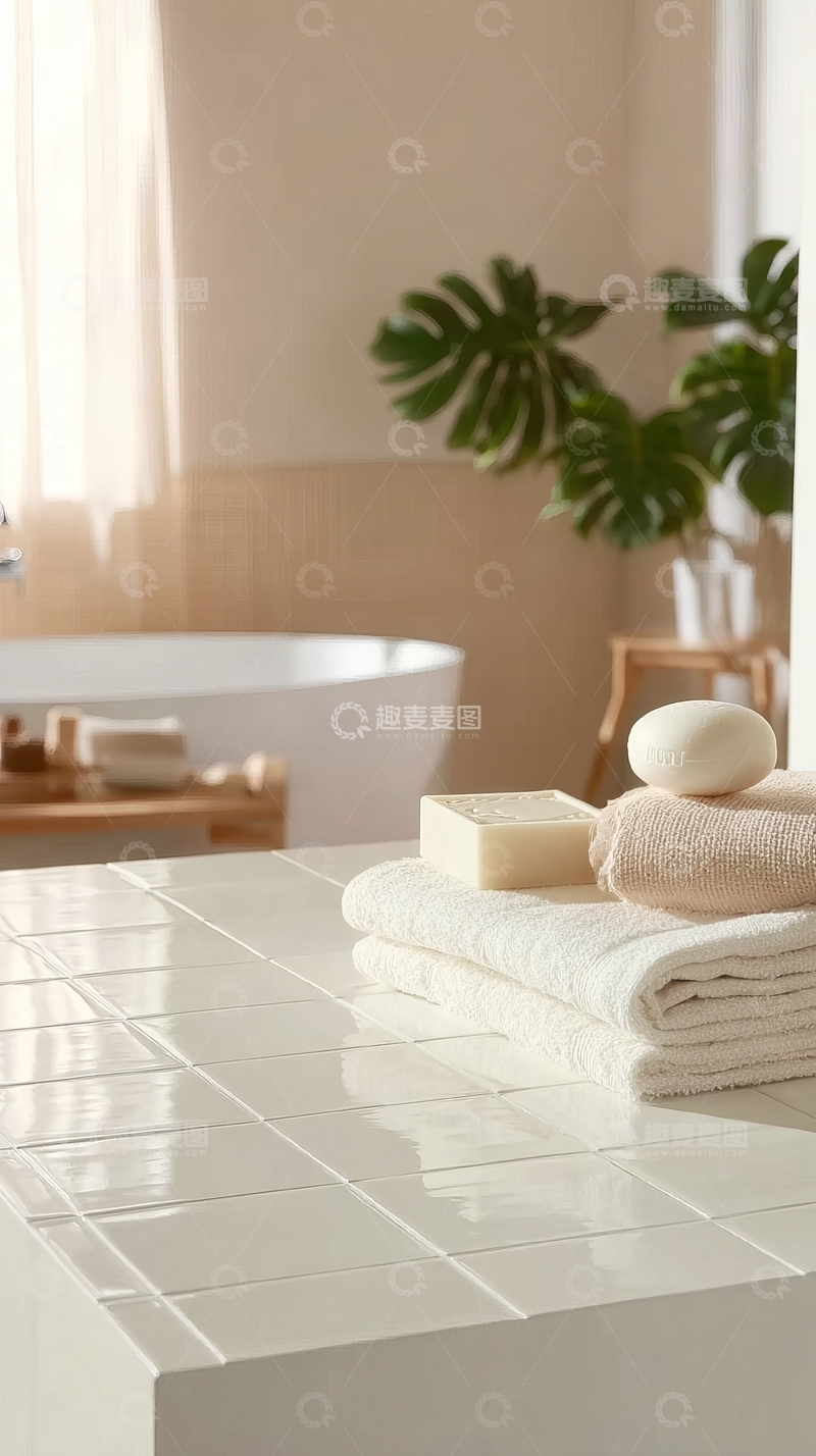 高清大图下载【趣麦麦图】现代浴室台面上摆放着毛巾和香皂