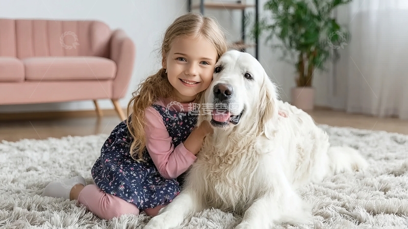 高清大图下载【趣麦麦图】小女孩与金毛犬在室内地毯上亲密互动