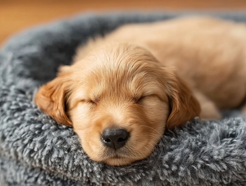 金毛幼犬在灰色绒毛狗窝中熟睡