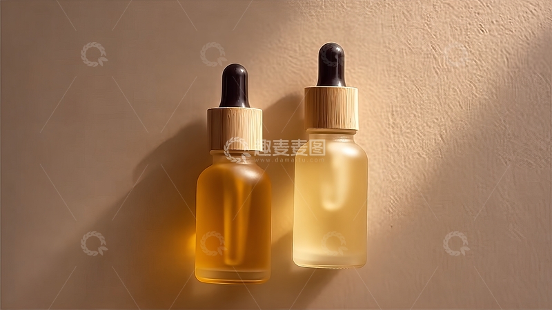 高清大图下载【趣麦麦图】两瓶金色液体滴管瓶在柔和光线下展示