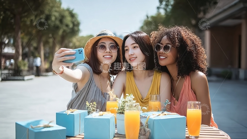 高清大图下载【趣麦麦图】三位女性在户外餐桌前自拍