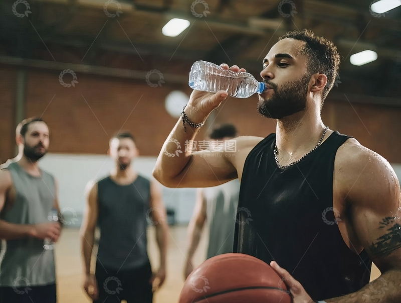 高清大图下载【趣麦麦图】男子在室内篮球场喝水手持篮球