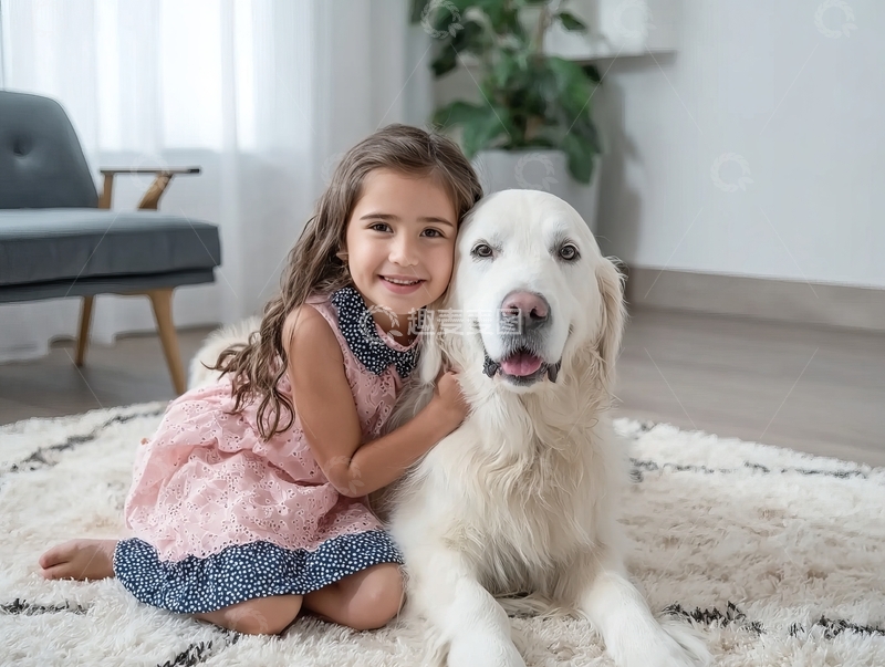 高清大图下载【趣麦麦图】小女孩与金毛犬在室内温馨互动