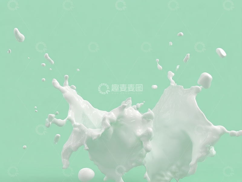 高清大图下载【趣麦麦图】白色液体飞溅在绿色背景上形成动态水花