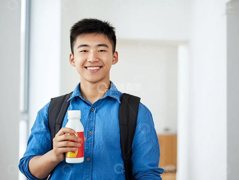 高清大图下载【趣麦麦图】年轻男子手持饮料瓶在走廊微笑