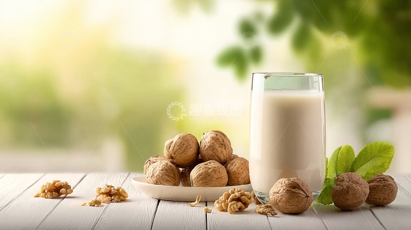 高清大图下载【趣麦麦图】一杯牛奶搭配核桃摆放在木质桌面上
