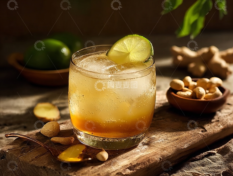 高清大图下载【趣麦麦图】一杯冰镇饮品置于木质托盘上周围摆放着坚果和香料