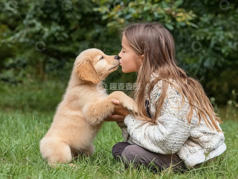 高清大图下载【趣麦麦图】小女孩与金毛幼犬在户外草地亲密互动