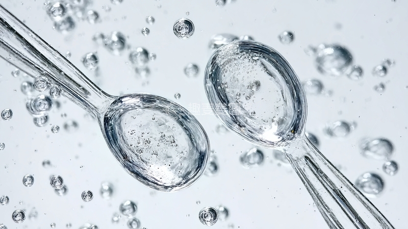 高清大图下载【趣麦麦图】透明液体在勺子中形成气泡的特写镜头