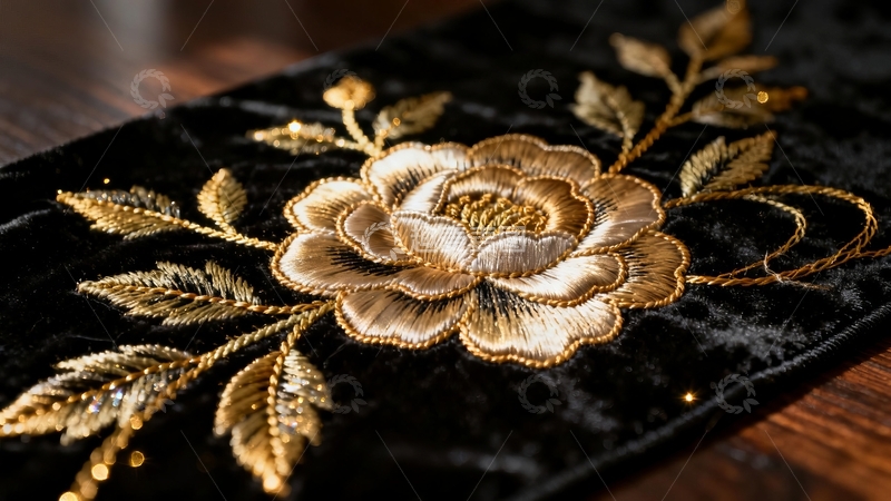 高清大图下载【趣麦麦图】黑色绒布上金色刺绣花卉图案特写