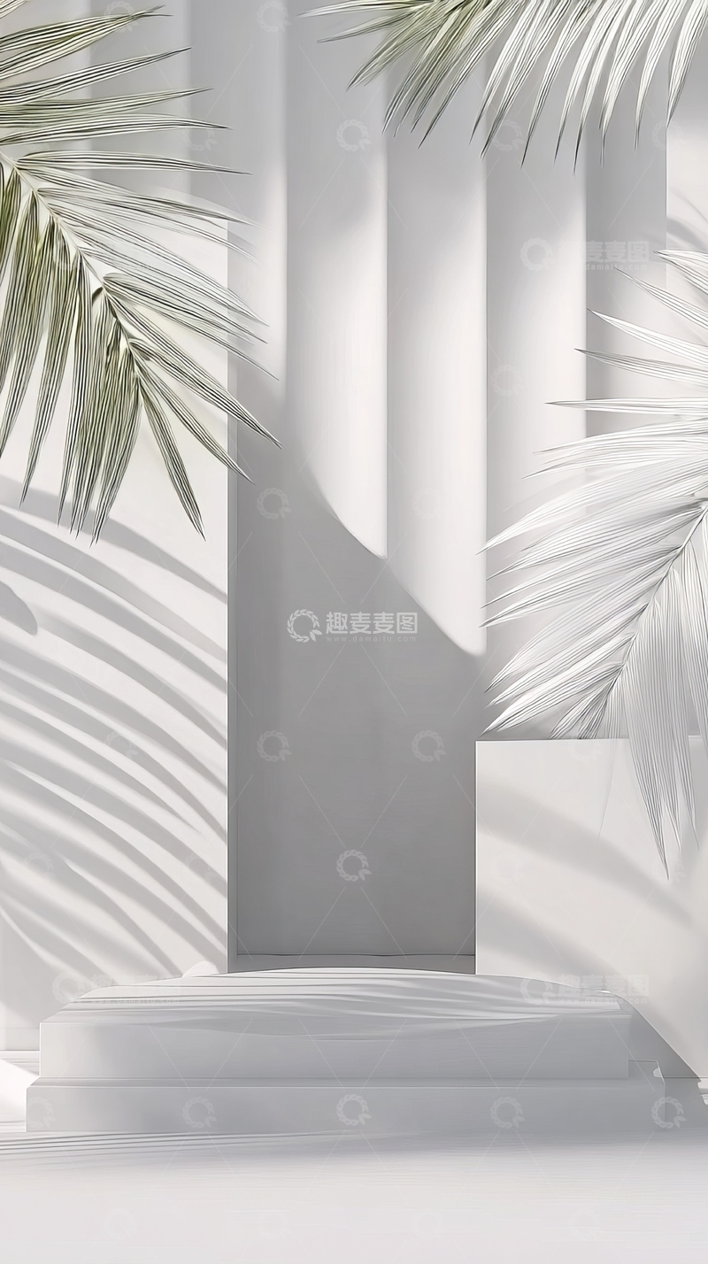 高清大图下载【趣麦麦图】光影交错下的简约白色建筑与绿叶装饰