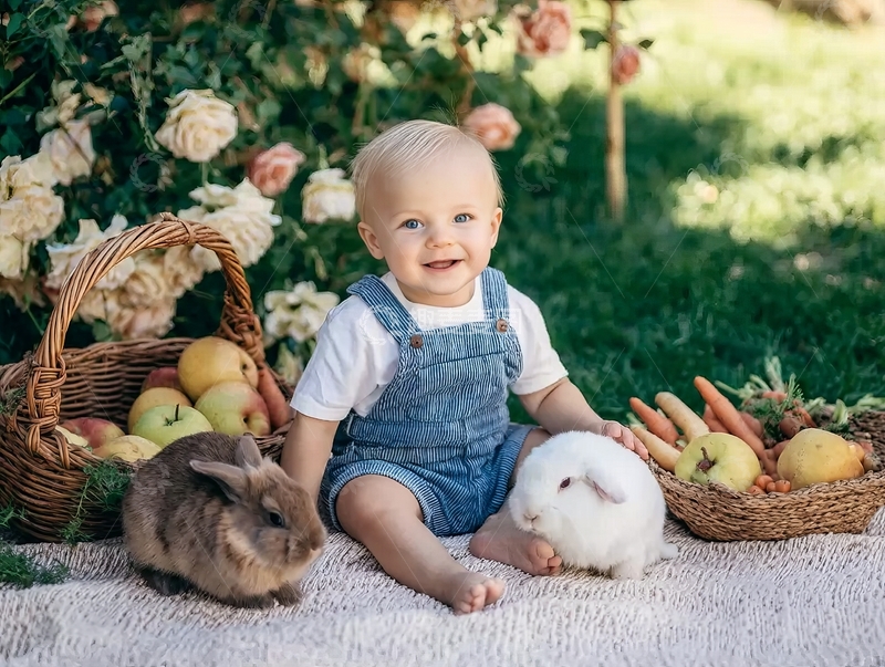 高清大图下载【趣麦麦图】婴儿与兔子在花园篮子旁微笑