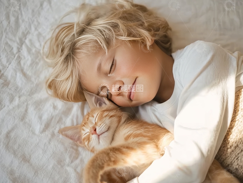 高清大图下载【趣麦麦图】金发儿童与橘猫亲密依偎安睡