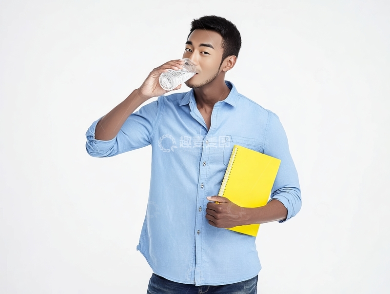 高清大图下载【趣麦麦图】青年男子手持文件夹喝水