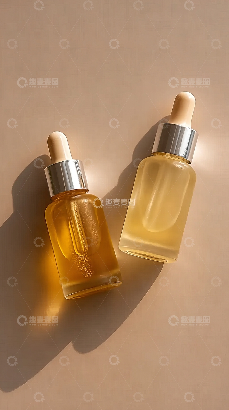 高清大图下载【趣麦麦图】两瓶金色精华液置于柔和背景上