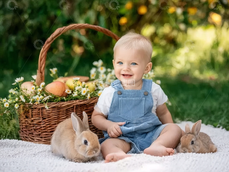 高清大图下载【趣麦麦图】婴儿与兔子在花园野餐篮旁的温馨场景