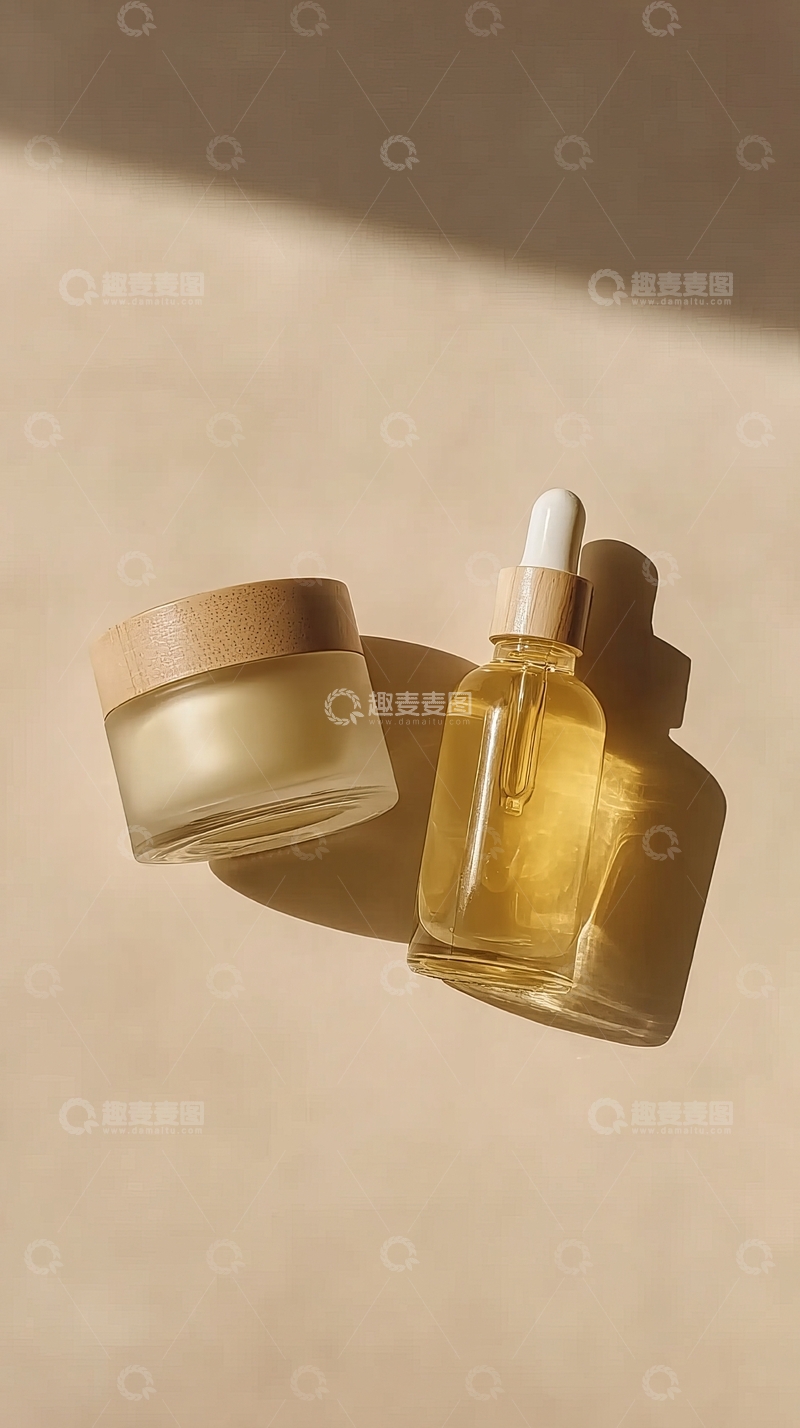 高清大图下载【趣麦麦图】金色液体护肤品与容器在柔和光影下的静物展示